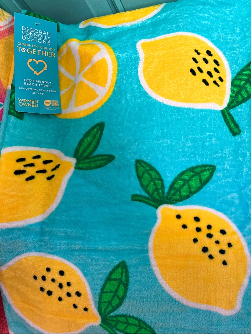 NWT! Turquoise Lemon Print Towel with Yellow Accents